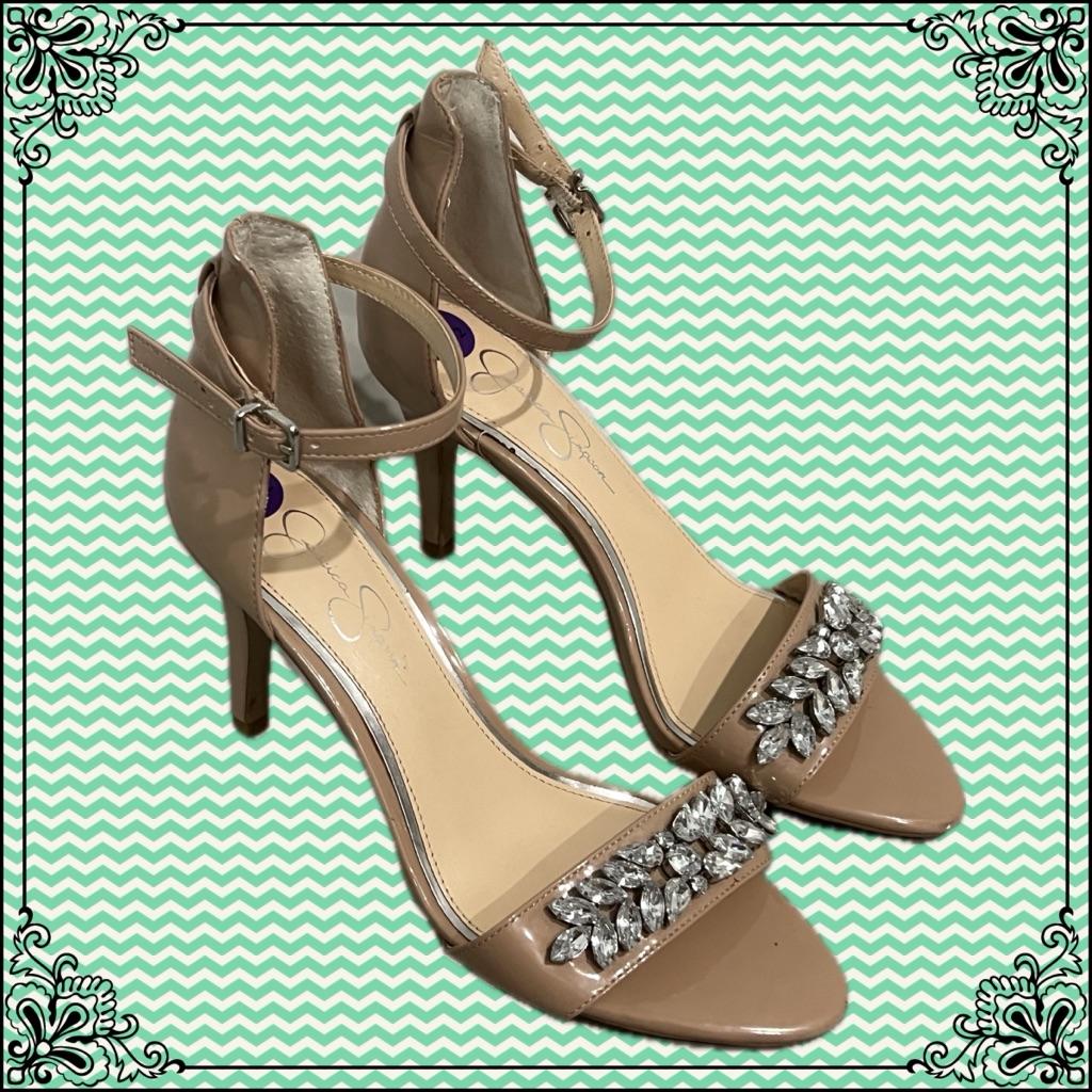 Jessica Simpson Maclin Nude/Tan Open Toed Pumps With Jewel Embellishments (Nwot)